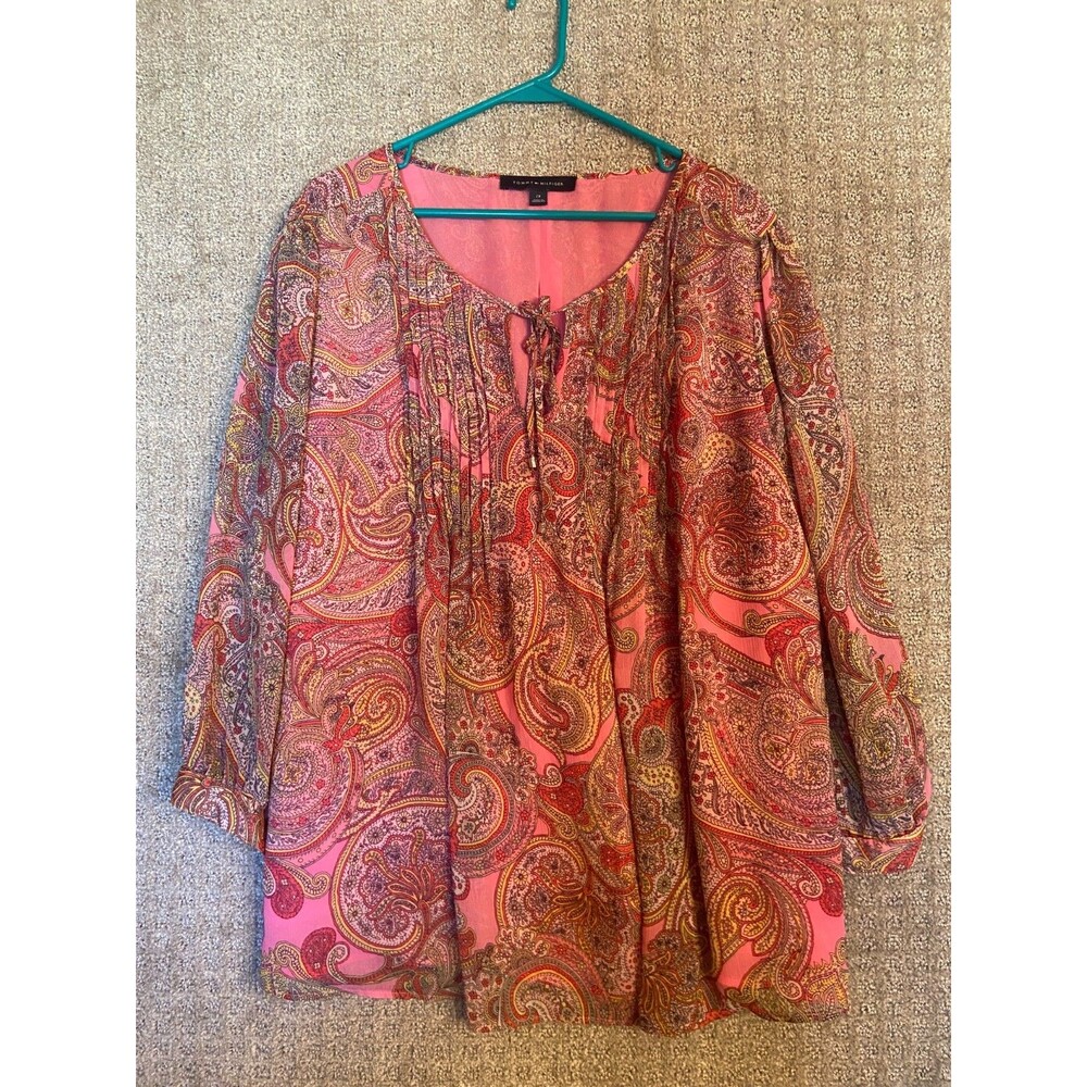 Tommy Hillfiger Womens Plus 2X Pink Paisley Long Sleeved Key Hole Boho Career